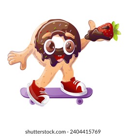 Chocolate cartoon donut with strawberries in retro style. Groovy character. Retro cartoon vector illustration for print, banner, menu for cafe, restaurant, bar. Vector illustration