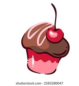 Chocolate cartoon muffin with cherry. Funny brown cake with pink sprinkles of glaze on cap for morning coffee or tea. Breakfast menu, birthday party mascot, cartoon cute dessert vector illustration