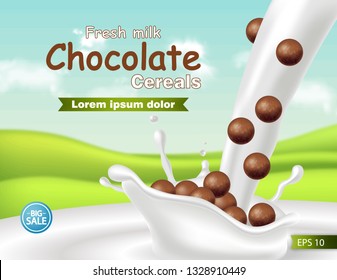 Chocolate cereals in milk splash Vector realistic mock up. Product placement label design. 3d detailed illustrations