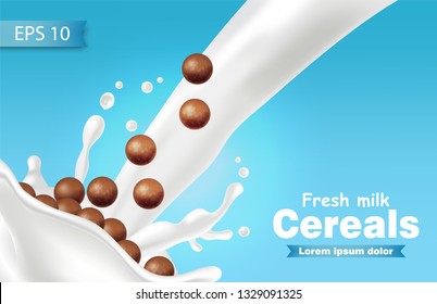 Chocolate cereals in milk splash Vector realistic. Blue background 3d detailed effect illustrations