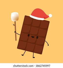 Chocolate character design. Chocolate vector. Santa hat. Marshmallow stick vector.