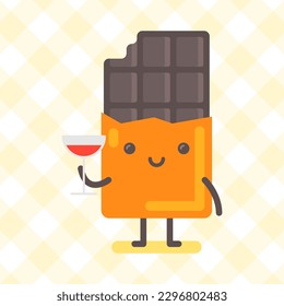 Chocolate character holding glass of wine and smiling. Funny character. Vector Illustration