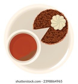 Icono de tarta de queso de chocolate vector isométrico. Pastel de chocolate casero y taza de té. Postre, desayuno, concepto de comida