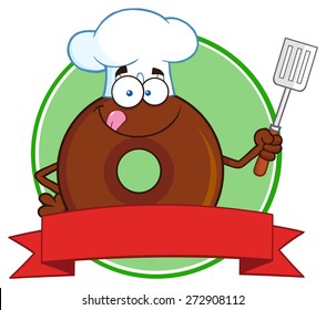 Chocolate Chef Donut Cartoon Character Circle Label. Vector Illustration Isolated On White