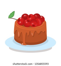 Chocolate Cherry Cake Flat Vector Illustration. Delicious Dessert Color Cartoon Drawing. Tasty Pudding with Berries. Pastry Shop, Confectionery, Buffet, Bakery Isolated Design element