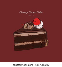 Chocolate cherry cake, hand draw sketch vector.