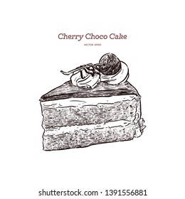 Chocolate cherry cake, hand draw sketch vector.