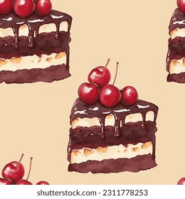 Chocolate cherry cake piece seamless pattern vector illustration.