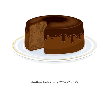 Chocolate chiffon cake icon vector illustration. Light and fluffy chiffon cake with chocolate glaze on a plate icon vector isolated on a white background. Delicious sponge cake sliced drawing