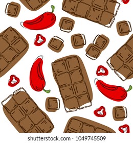 Chocolate with chili pepper isolated on white background. Seamless pattern. Vector illustration