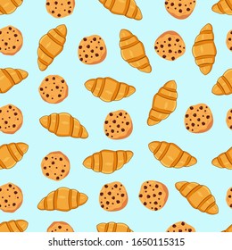 Chocolate chip cokies and croissant pattern design. Pastries background. Seamless pattern