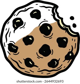 A chocolate chip cookie with a bite taken out of it, cartoon style.