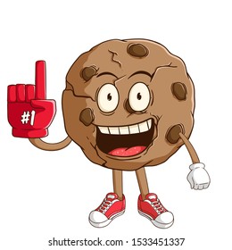 Chocolate chip cookie cartoon character wearing foam finger with funny smile face