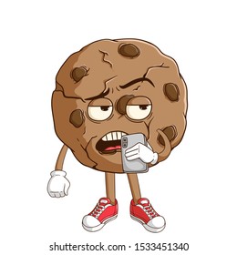 Chocolate chip cookie cartoon character holding a smartphone and calling someone with funny bad expression