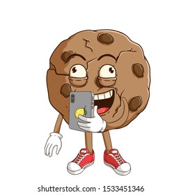 Chocolate chip cookie cartoon character holding a smartphone and do selfie with funny expression