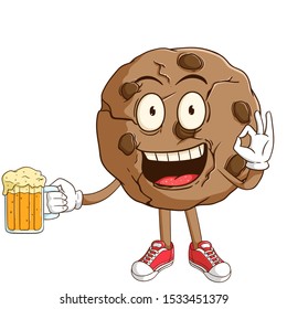 Chocolate chip cookie cartoon character holding a beer glass with funny smile face