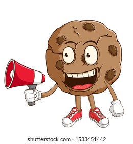 Chocolate chip cookie cartoon character holding megaphone with funny smile face