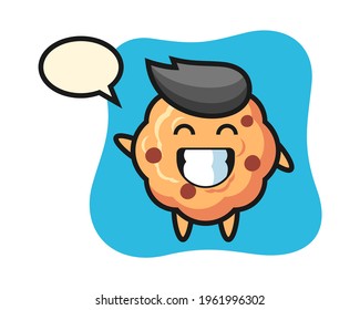 Chocolate chip cookie cartoon character doing wave hand gesture, cute style design for t shirt, sticker, logo element