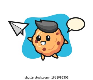 Chocolate chip cookie cartoon character throwing paper airplane, cute style design for t shirt, sticker, logo element
