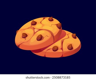 Galleta de chispas de chocolate, dulces de dibujos animados y pasteles dulces. Pastelería de Vector aislado, panadería con una textura crujiente de color marrón dorado y múltiples chips de chocolate negro esparcidos por su superficie agrietada