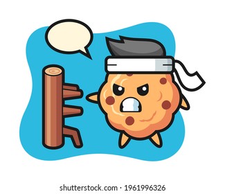 Chocolate-Chip-Cookie-Cartoon-Illustration als Karate-Kämpfer, süßes Design für T-Shirt, Aufkleber, Logo-Element