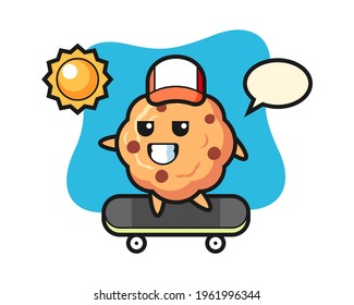 Chocolate chip cookie character illustration ride a skateboard, cute style design for t shirt, sticker, logo element