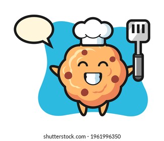 Chocolate chip cookie character illustration as a chef is cooking, cute style design for t shirt, sticker, logo element