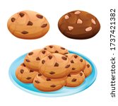 chocolate chip cookie and choco cookie with almond and cookies on blue plate isolated on white background