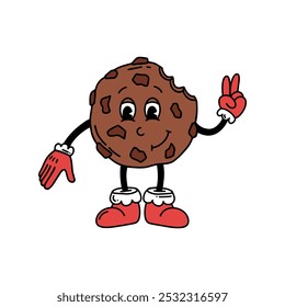 Chocolate chip Cookie Christmas Groovy line vector illustration. Hand drawn 70s 60s 50s character in trendy style. Merry Christmas and Happy New year