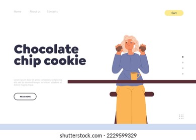 Chocolate chip cookie concept of landing page with girl eat choco snack and drink coffee. Woman enjoy biscuits in cafe. Female taste sweet delicious meal in cafeteria. Cartoon flat vector illustration