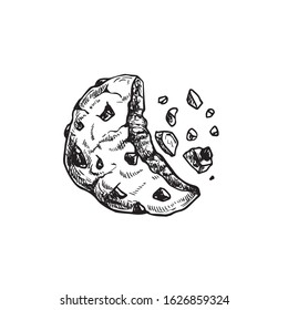 Chocolate chip cookie with crumbs. Top view. Hand drawn sketch style. Fresh baked. American biscuit. Vector illustration isolated on white background.