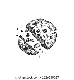 Chocolate Chip Cookie With Crumbs. Top View. Hand Drawn Sketch Style. Fresh Baked. American Biscuit. Vector Illustration Isolated On White Background.