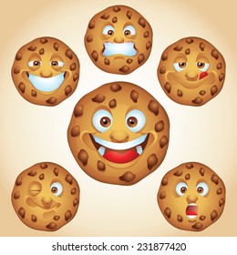 Chocolate Chip Cookie Face Expressions Cartoon Character Set