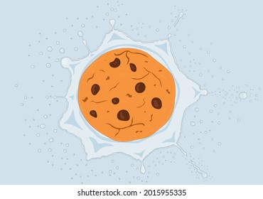 La galleta de chip de chocolate cae en la ilustración del vector de salpicadura de leche