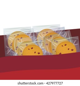 Chocolate chip cookie, Freshly baked Four cookies. Present Gift box with biscuits in transparent plastic package. Bright colors on white background. Vector