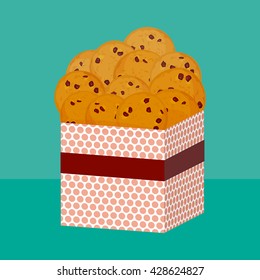 Chocolate chip cookie, Freshly baked Four cookies. Present pink Gift box with biscuits. Bright colors on green blue background. Vector