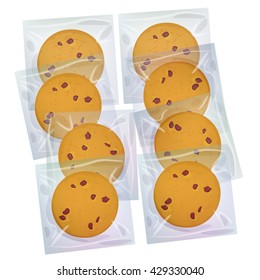 Chocolate chip cookie, Freshly baked Four cookies in transparent plastic package isolated on white background. Bright colors. Vector