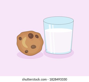 chocolate chip cookie with glass of milk vector illustration flat style