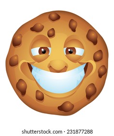 Chocolate chip cookie grinning cartoon character isolated