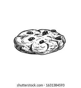 Chocolate chip cookie. Hand drawn sketch style. Fresh baked. American biscuit. Vector illustration isolated on white background.