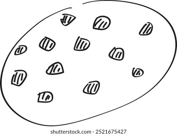 chocolate chip cookie hand drawn with brush in black on white background