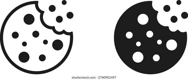 Chocolate chip cookie icon, sweet biscuit snack vector. Minimalist bitten cookie symbol for bakery and dessert.