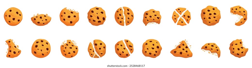 Conjunto de iconos de galletas de chips de chocolate. Las galletas de chispas de chocolate están ilustrando las diferentes etapas de ser consumidas, mostrando una desaparición progresiva