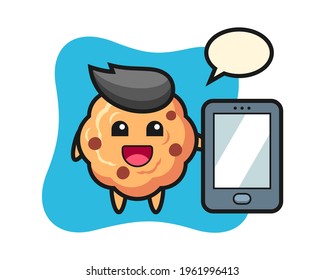 Chocolate chip cookie illustration cartoon holding a smartphone, cute style design for t shirt, sticker, logo element