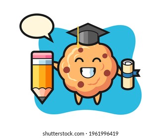 Chocolate chip cookie illustration cartoon is graduation with a giant pencil, cute style design for t shirt, sticker, logo element