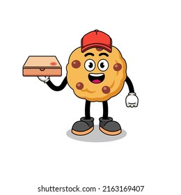 chocolate chip cookie illustration as a pizza deliveryman , character design