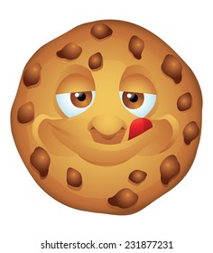 Chocolate chip cookie licking lips cartoon character isolated