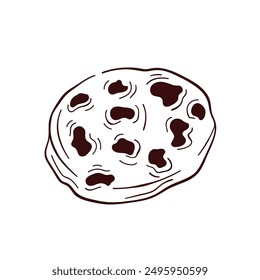 Chocolate chip cookie in line art style. Crunch homemade biscuit design for bakery. Vector illustration isolated on a white background.
