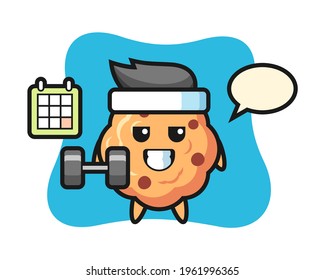 Chocolate chip cookie mascot cartoon doing fitness with dumbbell, cute style design for t shirt, sticker, logo element