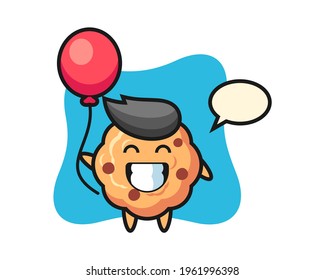 Chocolate chip cookie mascot illustration is playing balloon, cute style design for t shirt, sticker, logo element